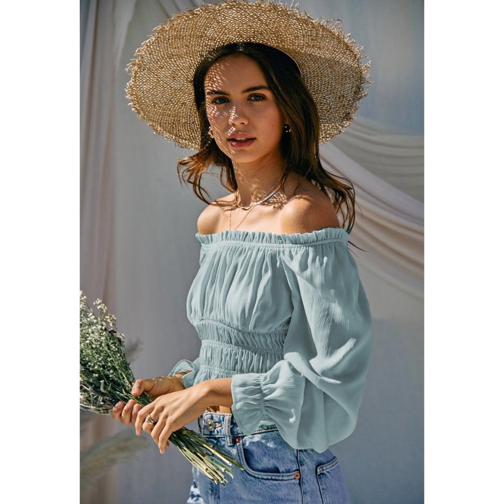 Light Blue Smocked off the shoulder crop top